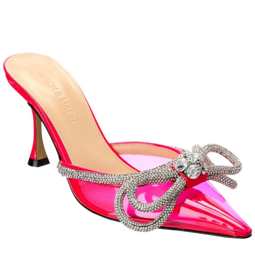 MACH & MACH Crystal Double Bow Mule Hot Pink Patent Pointed Toe 38 US 8